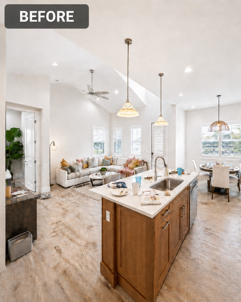 Open-plan kitchen and living area before ELEVE cleaning